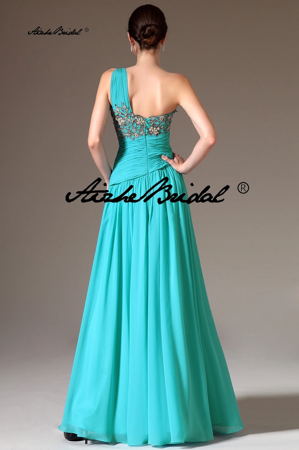 

Vintage A-Line Chiffon Evening Dress One Shoulder Sleeveless Pleats Prom Dresses with Appliques