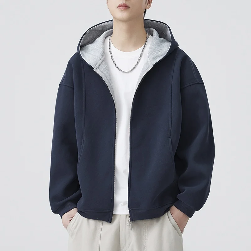 

American Sle Heavyweight Hooded Zipper Cardigan Men's Trendy Loose Casual ape Color Blo Sports Jaet for Autumn