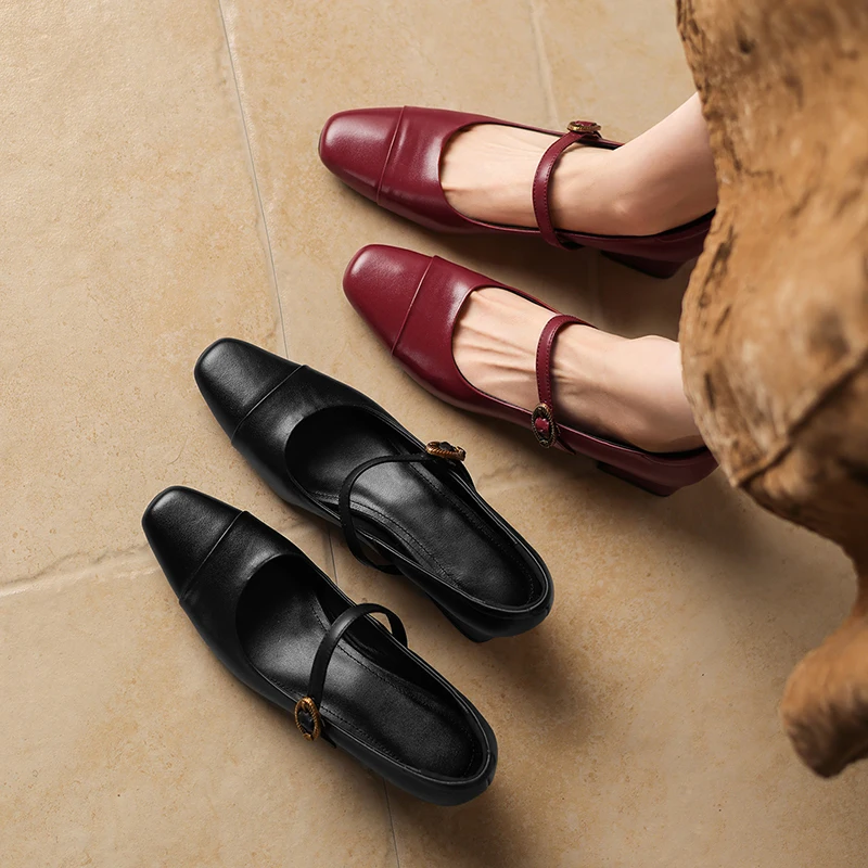 

2026 new spring autumn women pumps natural leather plus size 22-26cm cowhide+sheepskin+pigskin buckle mary janes women shoes