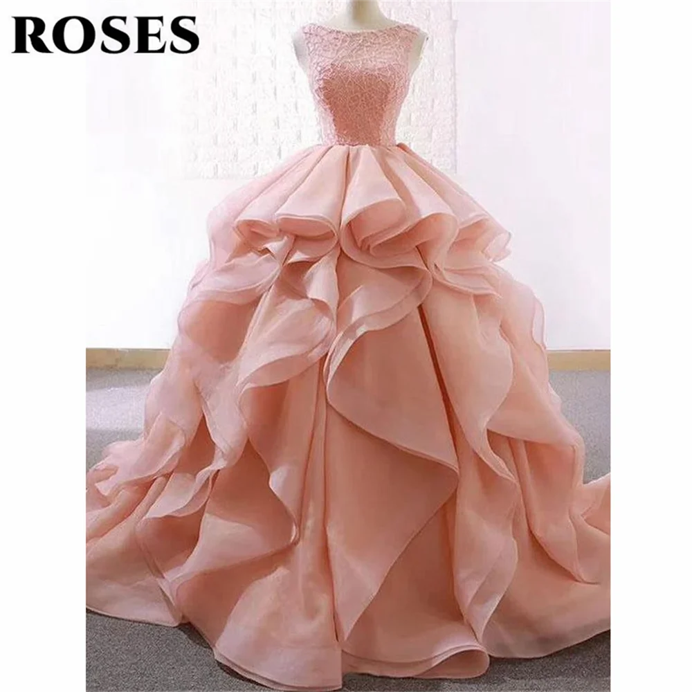 

ROSES Pink Elegant Beautiful Prom Dress Tulle Sleeveless Formal Gown with Pleats Tiered A-Line Evening Dress 프롬 드레스 Customized
