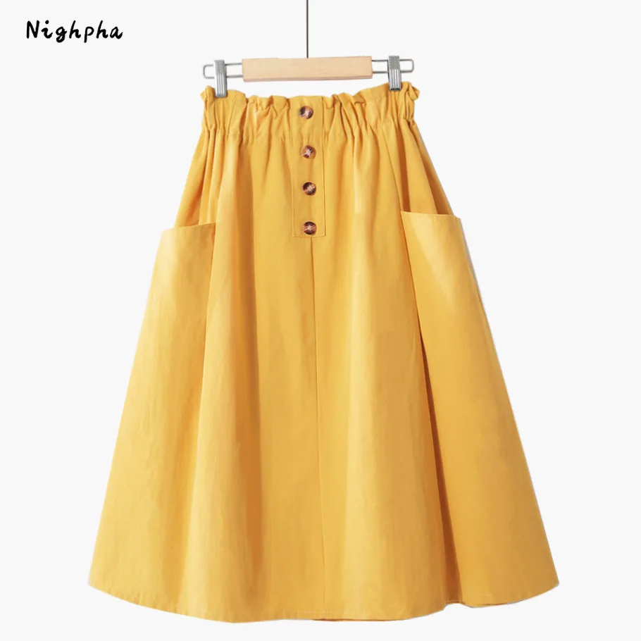 Nighpha Spring Summer Skirts for Women Academy Style Solid Color High Waist A-line Skirt with Double Pocket Button Decoration