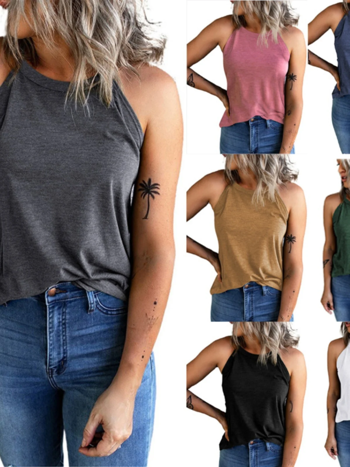 

New Women's Svel round Ne Vest Hanging Ne Top Polyester Fiber Versatile Sle Summer Outfit Casual Color