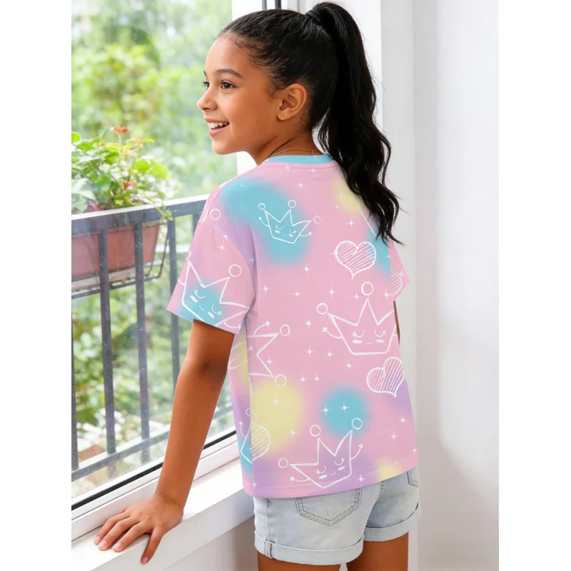 2026Girls' pink, blue, and yellow gradient tie-dye crown heart short-sleeve shirt T Shirt Casual top