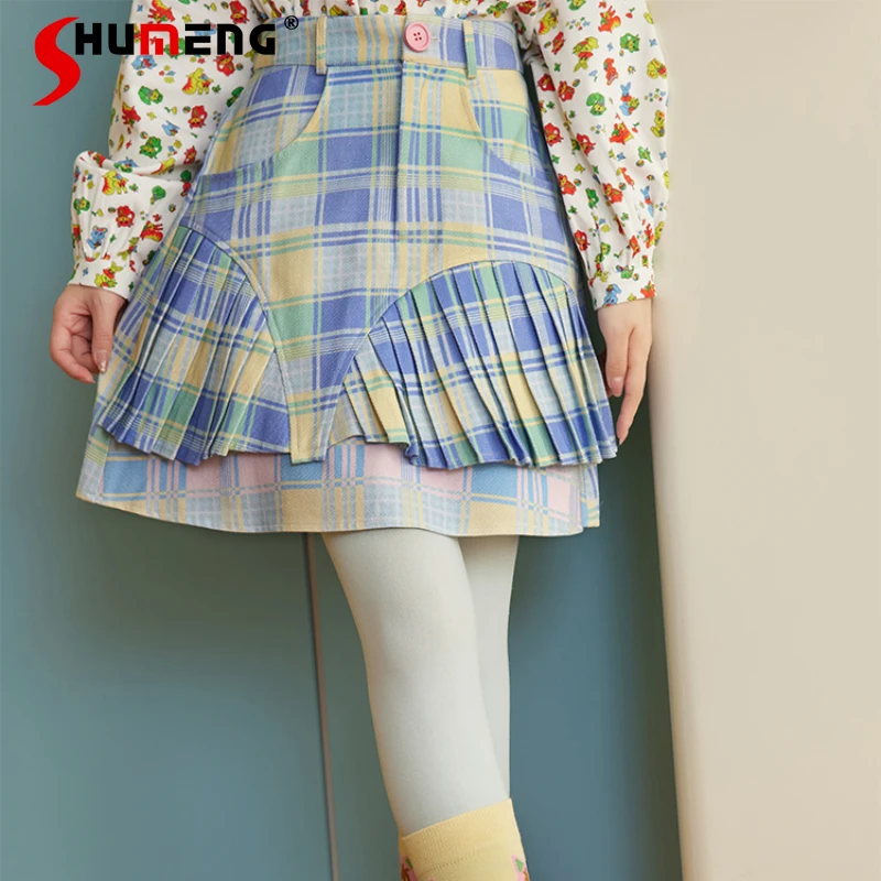 

Sweet Pink and Blue Plaid Stitching Asymmetric Cotton Skirts Women 2024 Autumn and Winter New Cute Pleated All-Match Short Skirt