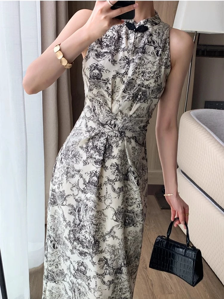 Summer New Vintage Print Sleeveless Midi Dresses for Women 2023 Fashion Slim Female Vestdios Lady Elegant Party Bodycon Clothing