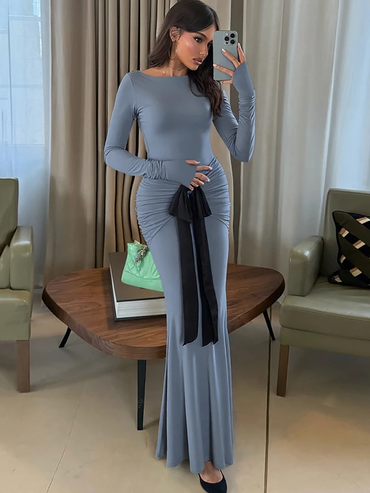 

Oniflyme Fashion Bow Draped Ruched Women Maxi Dress Autumn Long Sleeve O Neck Bodycon Party Outfits Lady Elegant Long Dresses