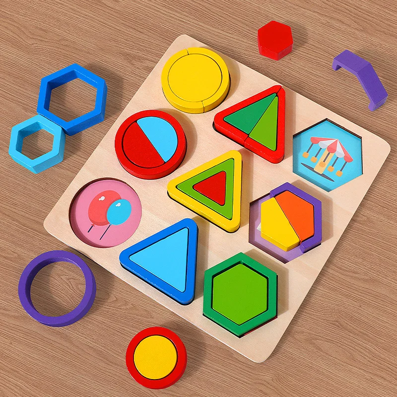 나무 기하학적 모양 다채로운 몬테소리 퍼즐인지 3D 유아 교육 보드 수학 정렬 게임 어린이 장난감