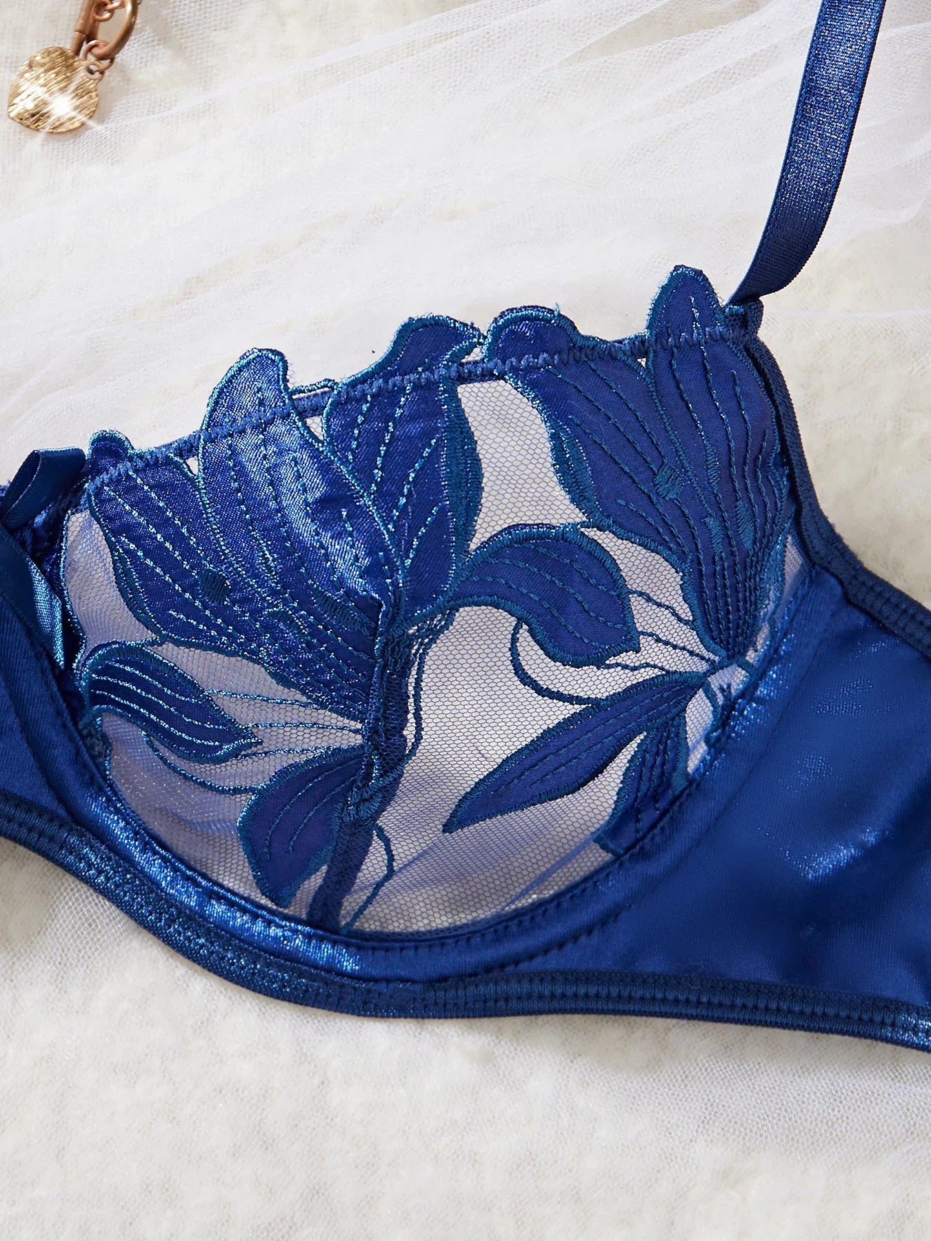 Women Blue Floral Underwear Sexy Two Piece Bras Panty Brief Babydoll Strap Underwear Sets