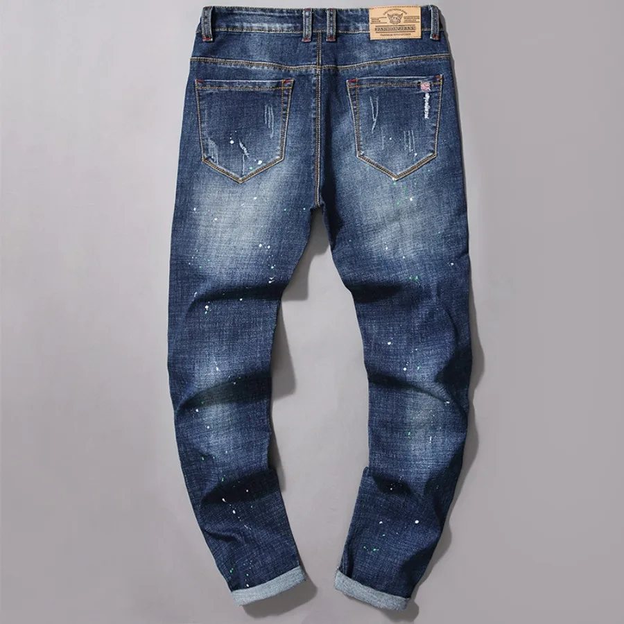 Trendy Ripped Jeans Men's Korean Version Slim Fit Patch Small Leg Pants Casual Men's Pants