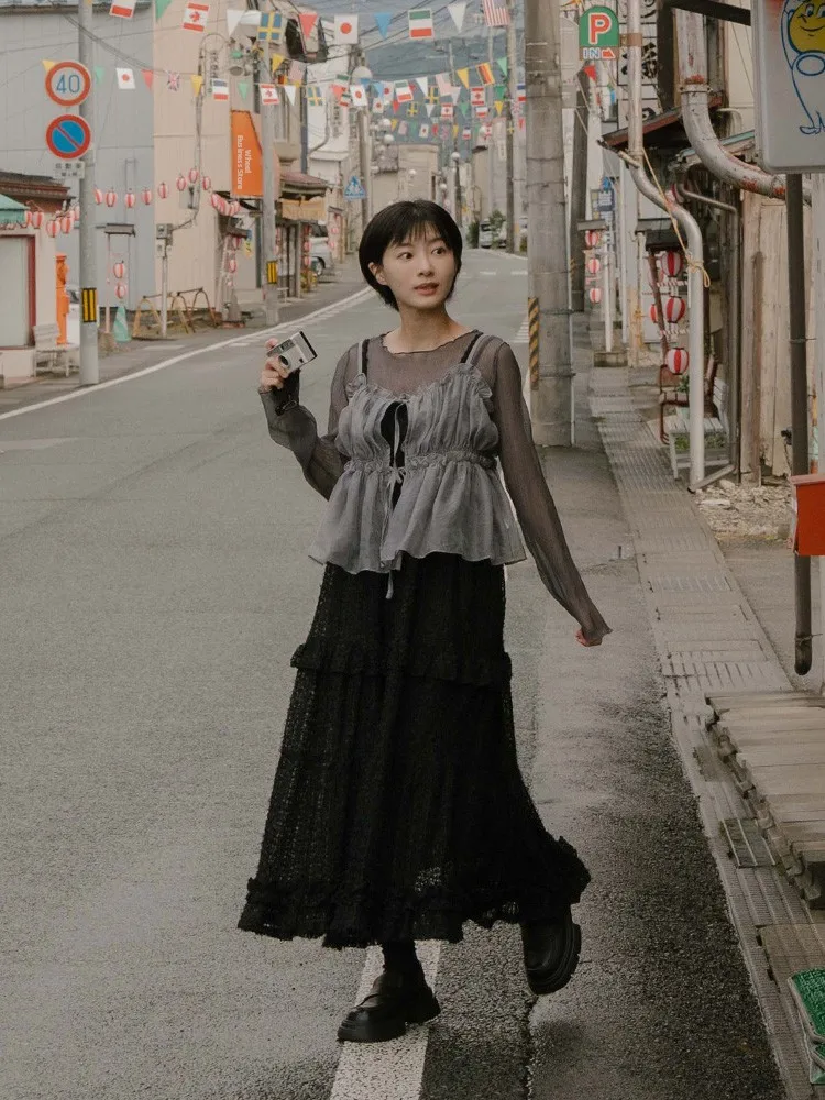 

QUEENOP Новая женская прозрачная блузка с длинным рукавом и кружевной отделкой, дышащая, в японском стиле, прямого кроя, осень-зима