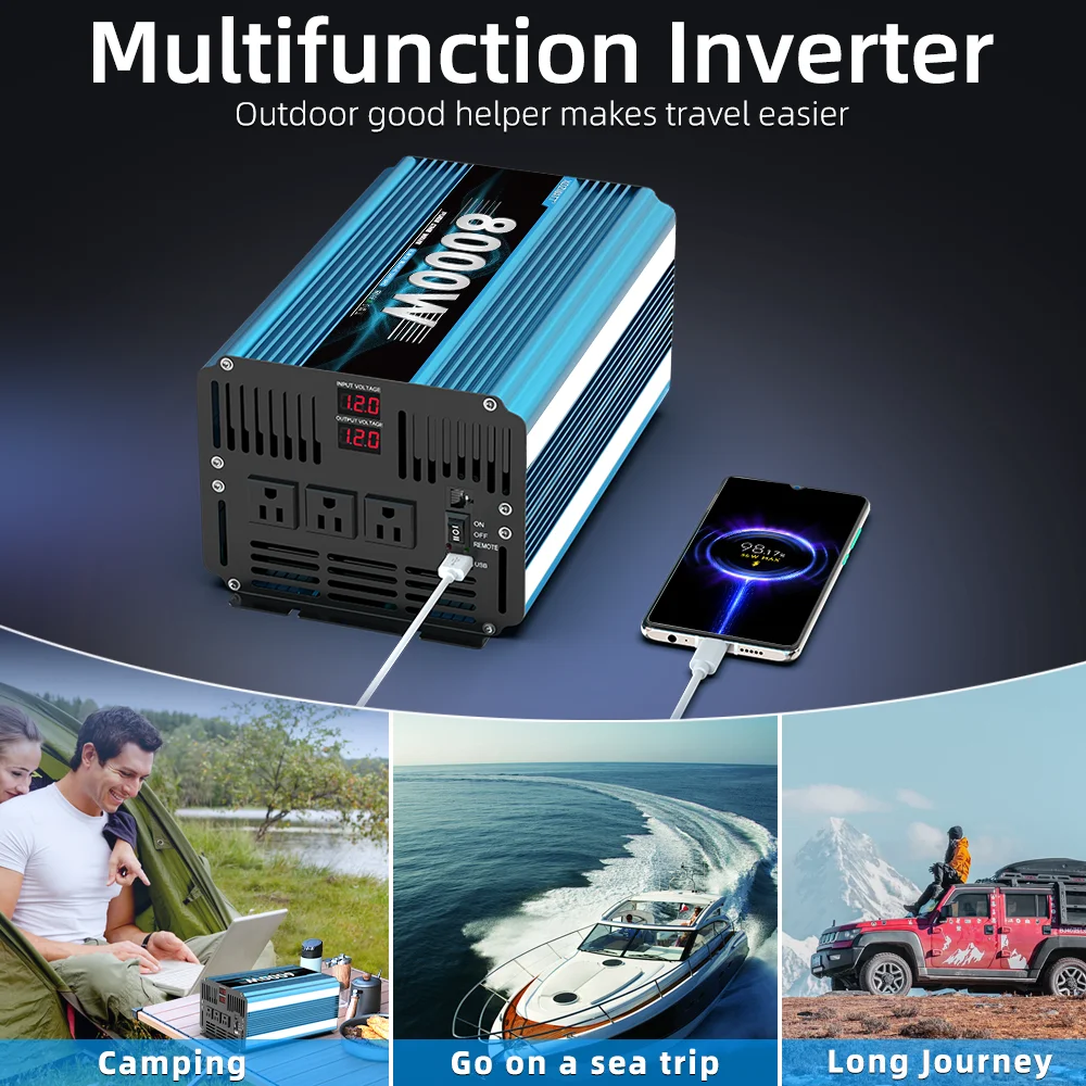 8000W Peak Power Inverter 3000W Pure Sine Wave DC 12V 24V To AC 120V with Remote Control and USB LCD Display Vehicles RV Boat