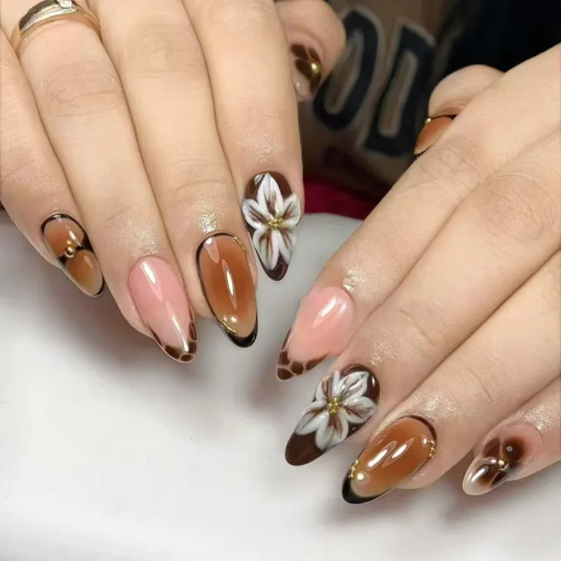 

24PCS Retro Brown Almond Press on Nail 3D Carved Amber Flower French Fake Nails for Women Fashionable Wearable Manicure Tips Art