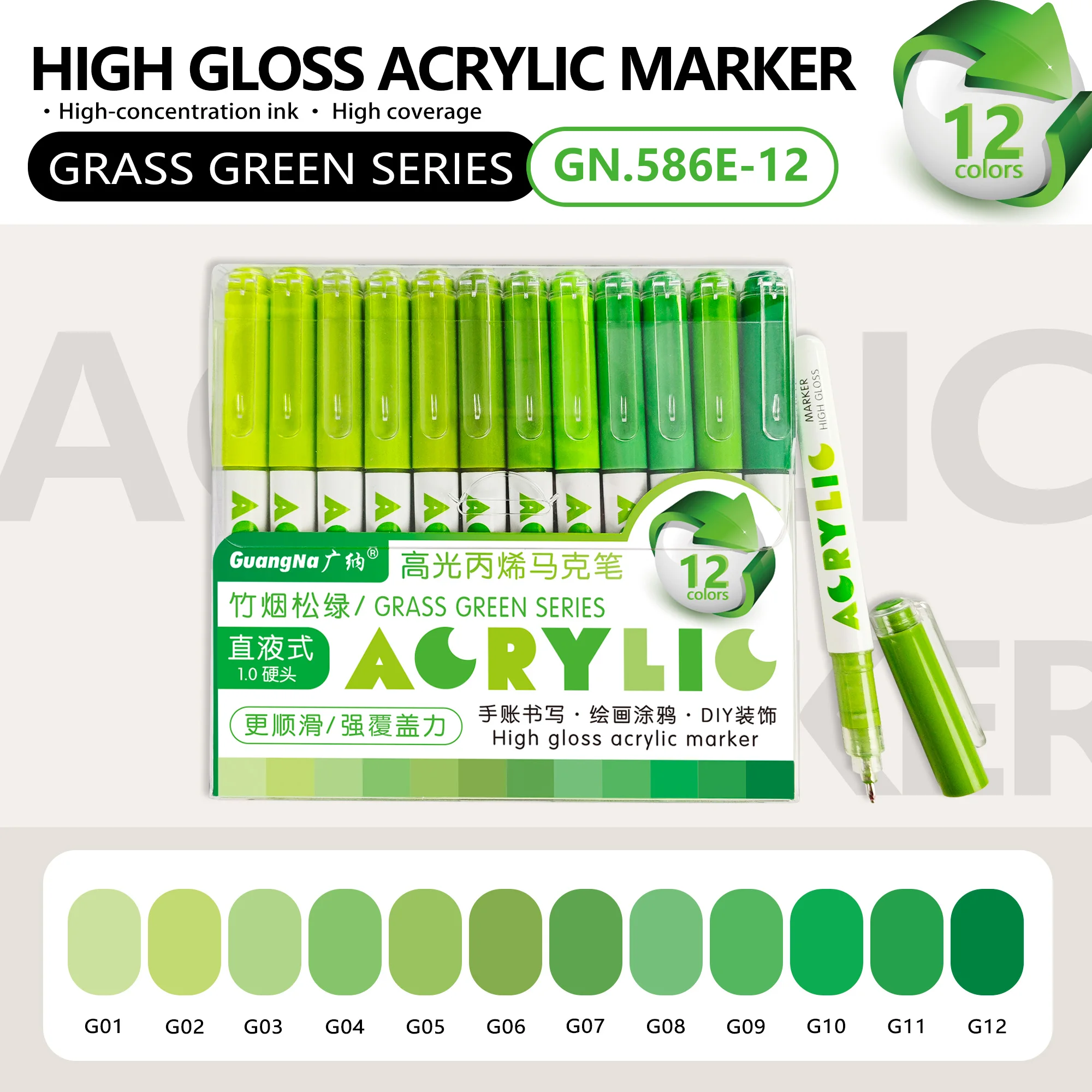 GuangNa 168/12 Kleuren Hoogglans Acrylmarker Set - Premium Direct Liquid Verfpennen voor Kunst, Schilderen, Handlettering & DIY