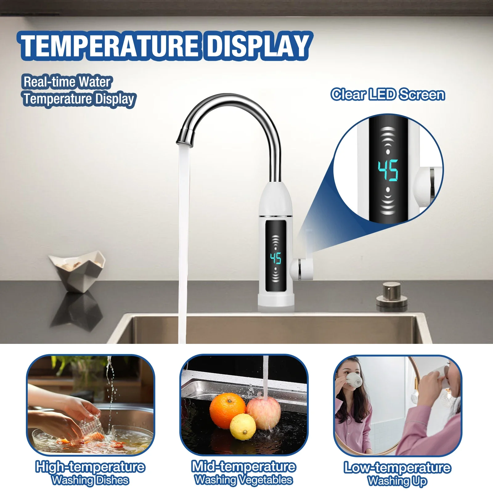 Tap 3000W Water Heater ABS Guide Tube  Degree Rotation with Temperature Display Adjustable Temperature 15-45°C