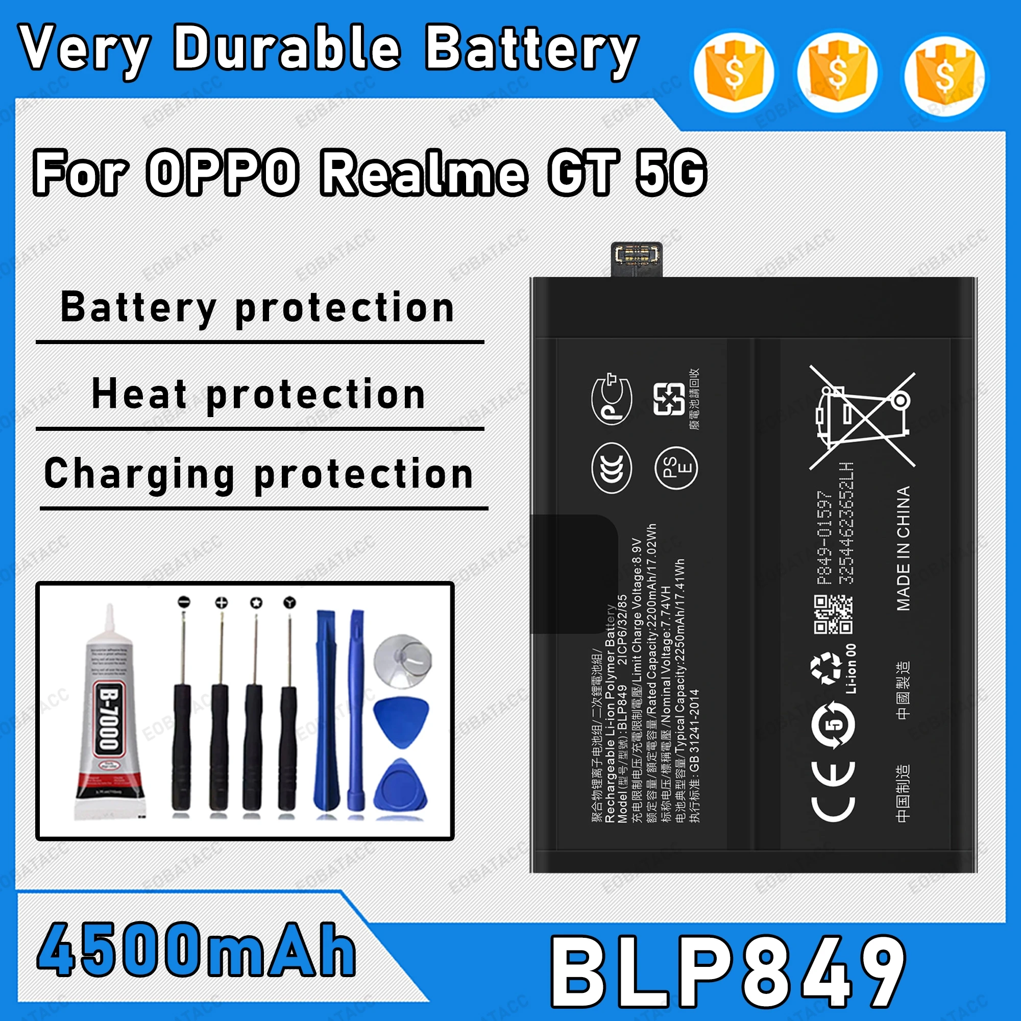 

4500mAh 100% New BLP849 Battery For OPPO Realme GT 5G Replacement Bateria+Free Tools