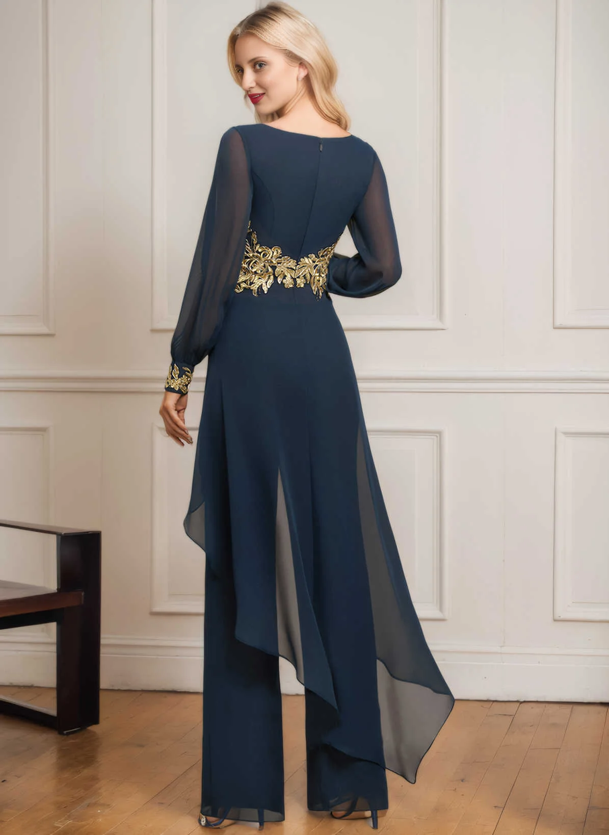 فساتين أم العروس المخصصة أنيقة من الشيفون بأكمام طويلة بدلة بناطيل رسمية لحفلات الزفاف مجموعة فساتين مناسبات خاصة جديدة