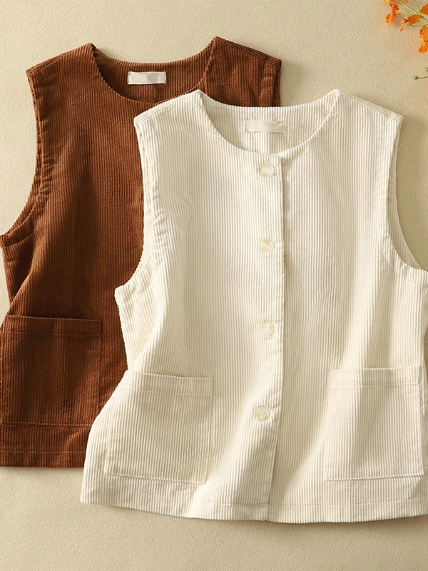 

Retro Versatile Small round Ne Corduroy Vest Double ket Svel oulder Pad Women's plus Size Spring New Arrival Top