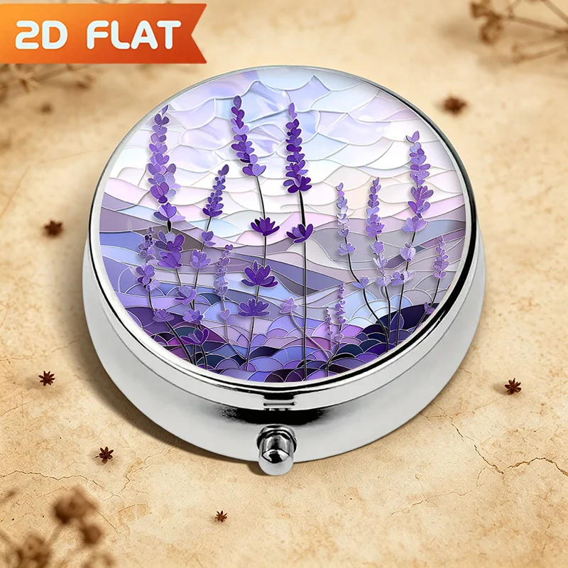 Single-piece, flat, round three-compartment box, featuring a lavender floral circular pattern design, metal storage box, elegantly designed, suitable for personal use or as an exquisite gift