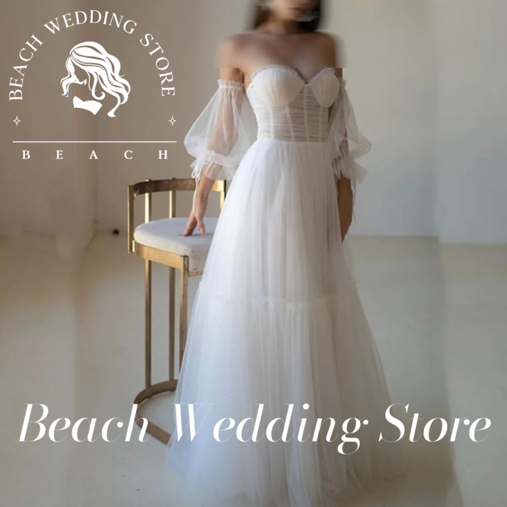 

Beach Customized Sweetheart Wedding Backless Tulle Organza Long Puff Sleeve White For Women Sexy Custom Civil Vintage Brides