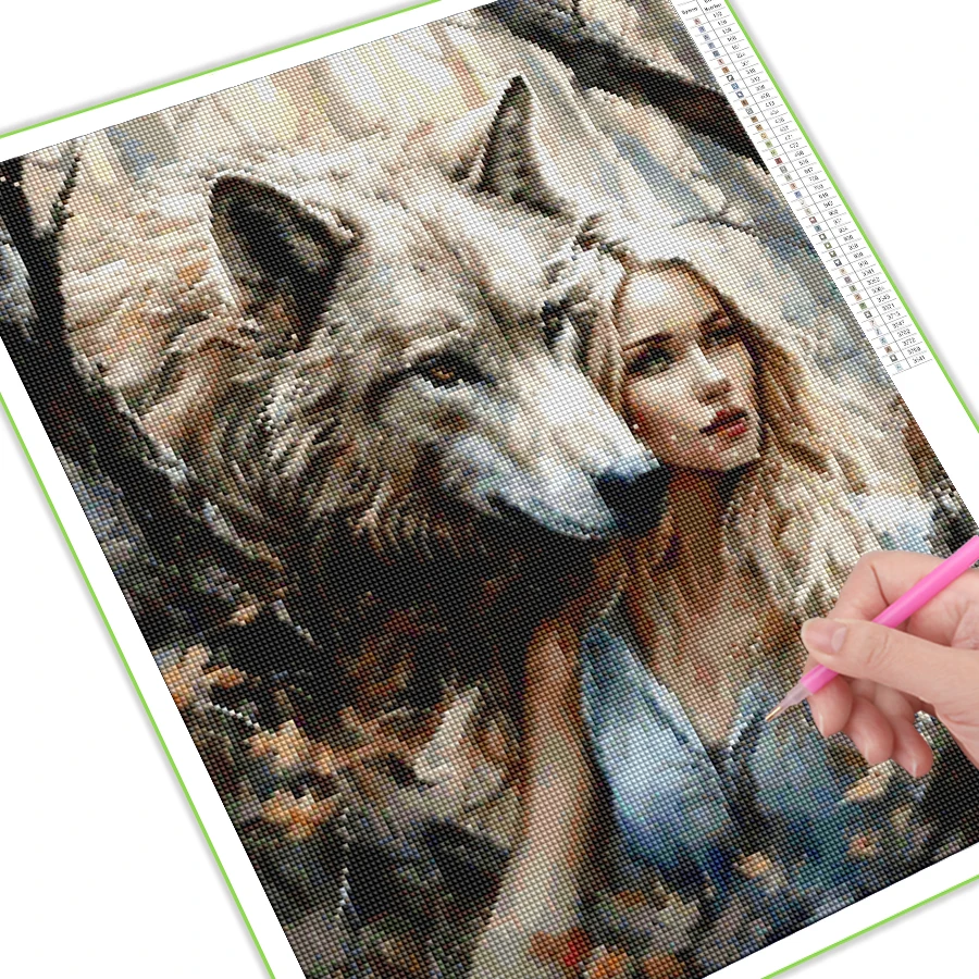 Diy Full Mosaic Art Women And Wolf Diamond Painting New Collection 2024 Wild Animals Rhinestone Embroidery Picture Wall Decor