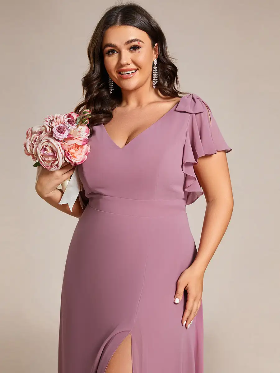 Plus Evening Dresses Short Sleeves with Bowknot High Front Slit 2024 Ever pretty of A-Line Orchid Chiffon Bridesmaid Dress