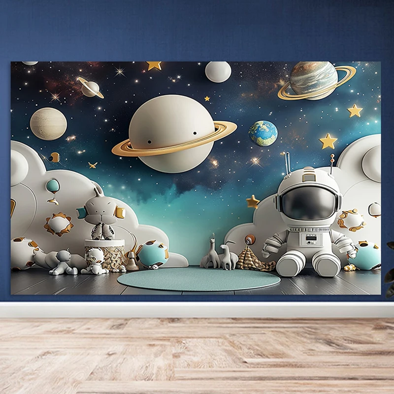 Outer Space Astronaut Planet Background Cloth Room Decoration Children\'s Birthday Party Baby Shower Arrangement Banner Props