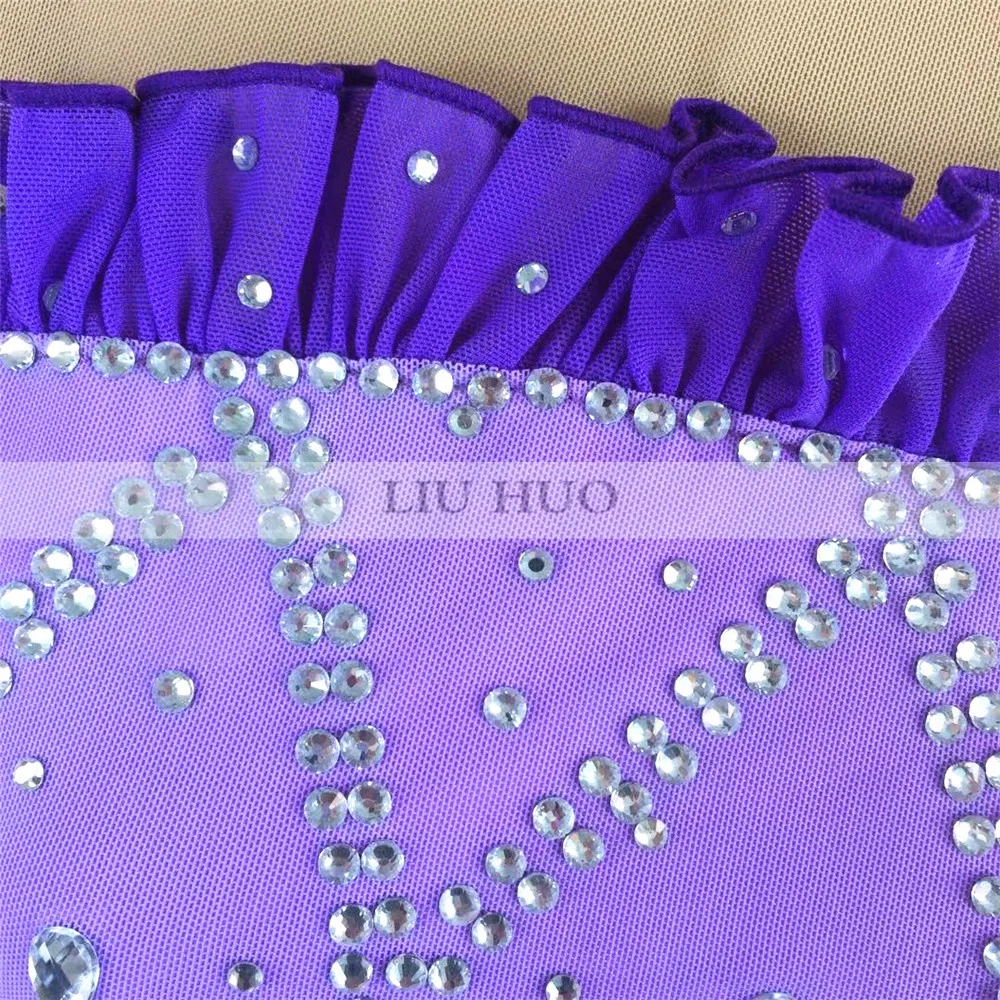LIUHUO フィギュアスケートドレス女性女の子 Aldult アイスパフォーマンス体操競技ダンス衣装紫長袖バレエ