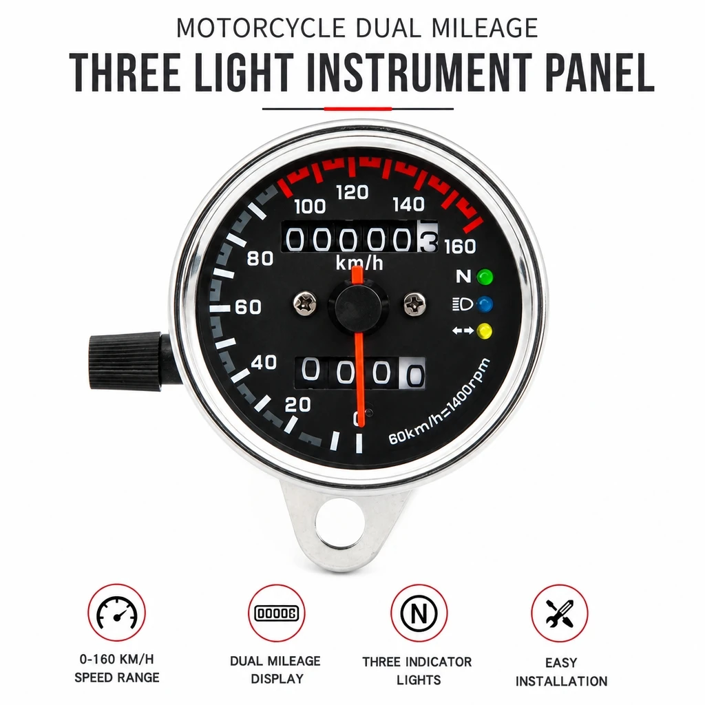 12V Chrome Retro Motorcycle Speedometer Dual Odometer LED Indicator Mechanical Gauge 0-160km/h For Harley Cafe Racer Modified