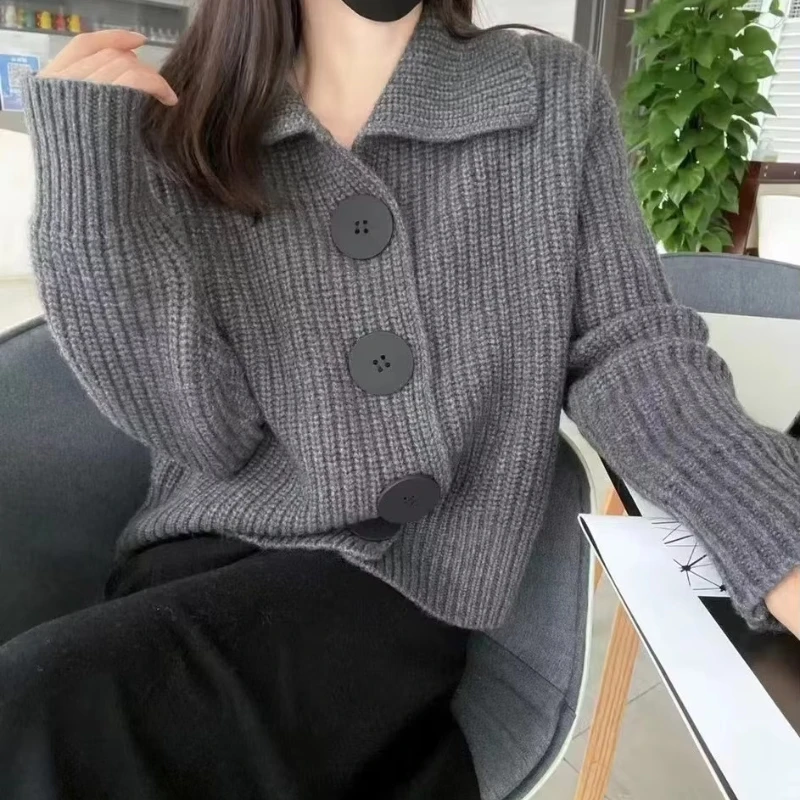 Women Knit Cardigan Women Solid Long Sleeve Loose Fashion Single-breasted Turn-Down Collar Sweater Coat