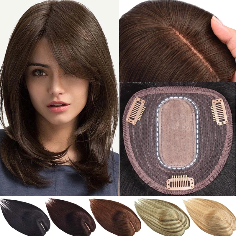 Pelucas de cabello humano Real con Clip para mujer, peluquín de Base de seda con flequillo, Clips rubios en extensiones de cabello