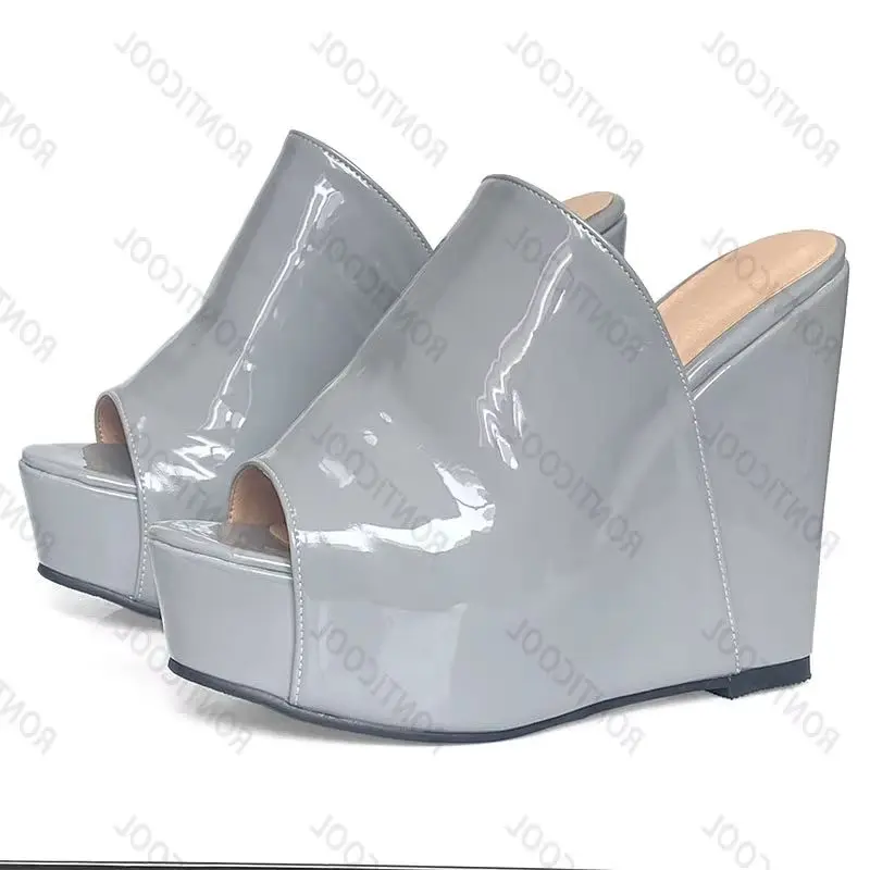 

Ronticool новые женские глянцевые босоножки-мюли ручной работы на танкетке и высоком каблуке с открытым носком, великолепная бордовая обувь для вечеринок, размер США 5-20