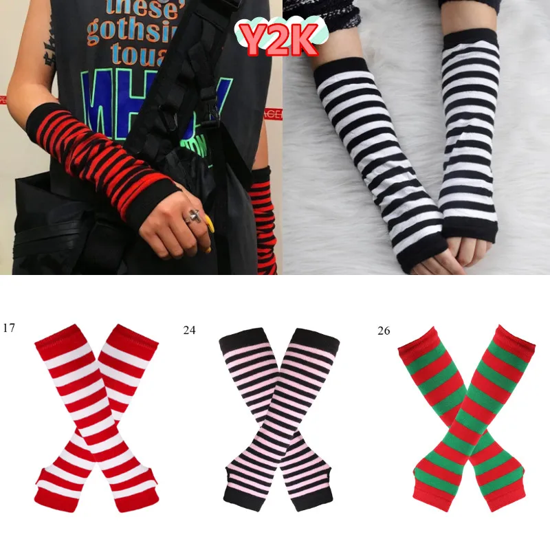 

Y2k Punk Striped Arm Sleeves Cover Elbow Gloves for Women Fingerless Gloves Elbow Mittens Arm Warmer Long Knitted Autumn Winter