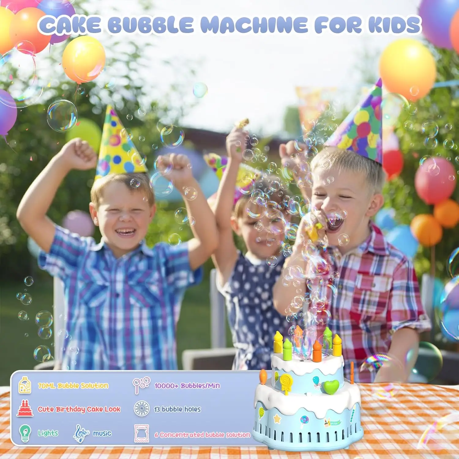 آلة فقاعات كعكة عيد الميلاد للأطفال ، آلية + فقاعات في الدقيقة ، أضواء ، ألعاب موسيقية للأولاد والبنات ، حفلات أعياد الميلاد