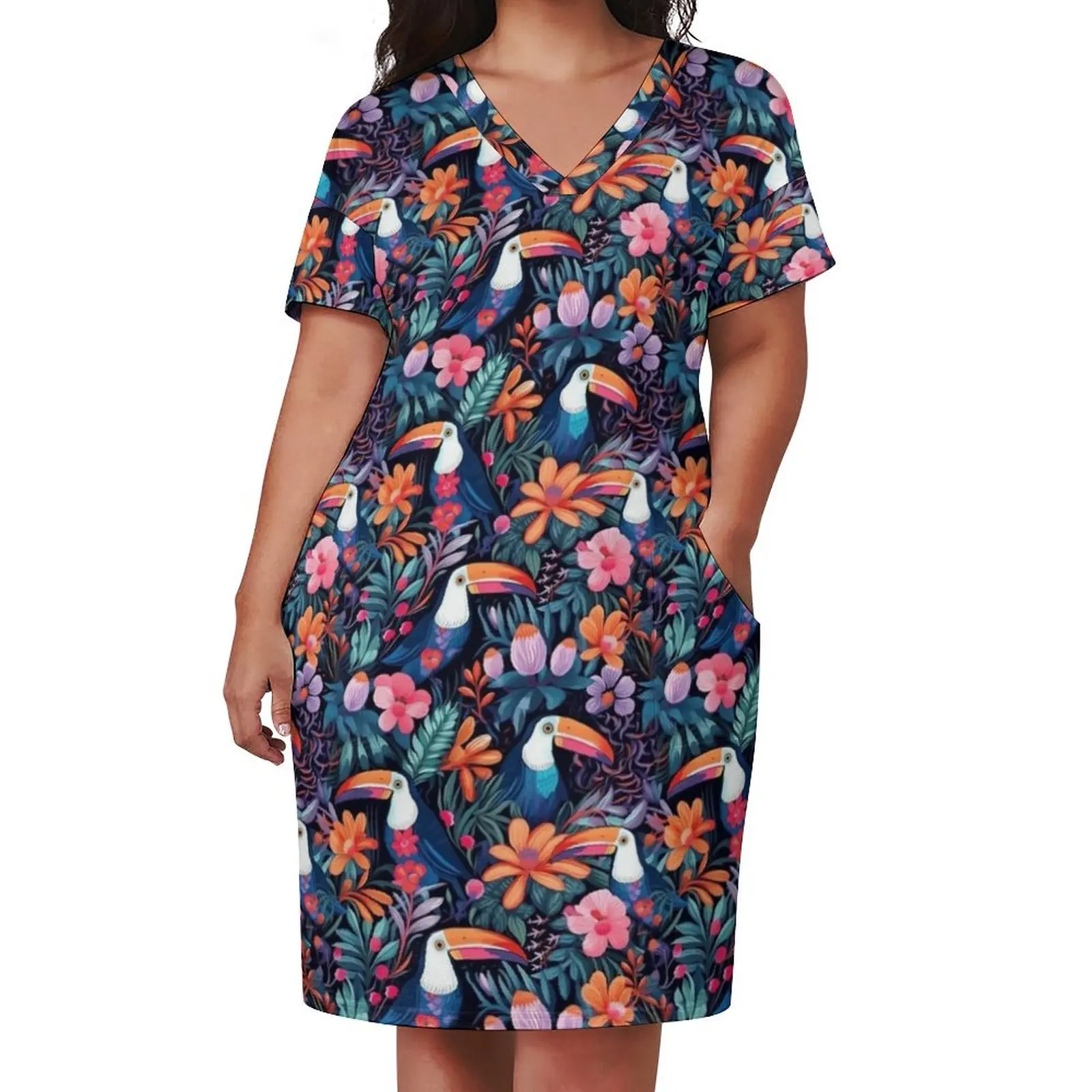 Tropical Toucan and Floral Pattern Loose Pocket Dress elegant guest wedding dress Woman clothes