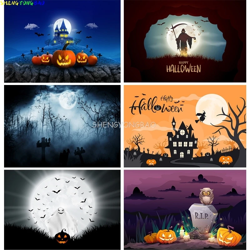 خلفية قلعة حجر القبر للهالوين ، فانوس ، صورة قمر ، تصوير فوتوغرافي ، مستلزمات استوديو الصور ، خلفية اليقطين #1