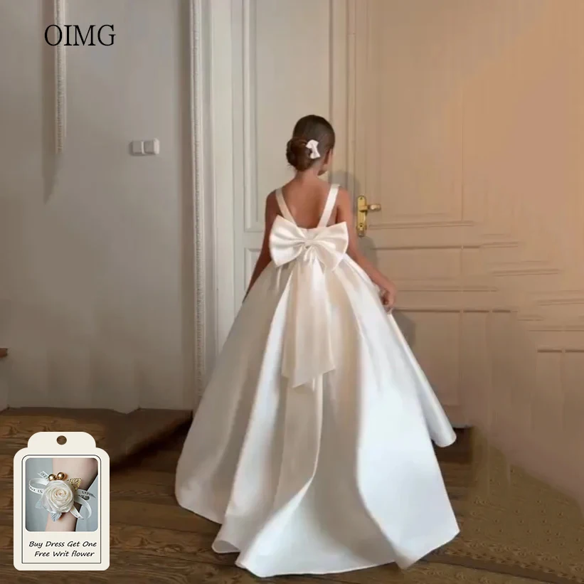 OIMG Simple ivoire une ligne robes de fille de fleur col rond robe de soirée de mariage avec grand nœud longue princesse robe d'anniversaire personnalisée