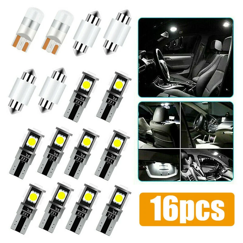 

16pcs Pure White LED Light Car Tuning Interior Lights Dome Map Trunk License Plate Bulbs Automotive Tools Universal Car Products