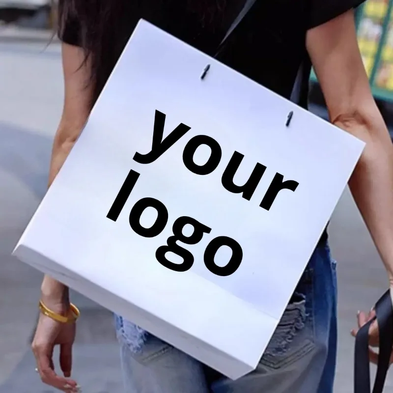 

10 шт. белых бумажных пакетов с индивидуальным логотипом для покупок и подарков