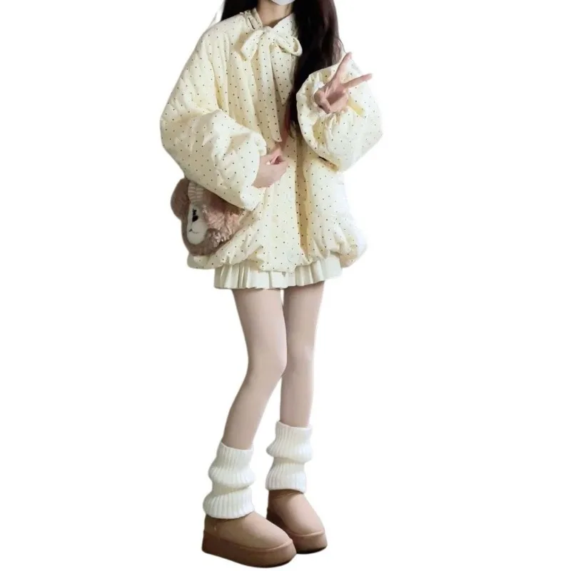 2026 Winter Female Sweet Milk Fufu Polka Dot Design Cotton Jacket  Women Cute, Warm and Cold Resistant, Simple Student Jacket