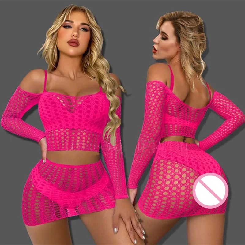 2023 New Women\'s Fishing Net Tight Lingerie Costumes Sexy Mesh Transparent Bodycon Dress Erotic Elasticity Mini Dresses Clothes