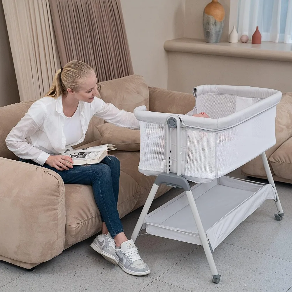 ANGELBLISS Berço de cabeceira para bebê, berço portátil dobrável fácil para bebê com rodas, altura ajustável