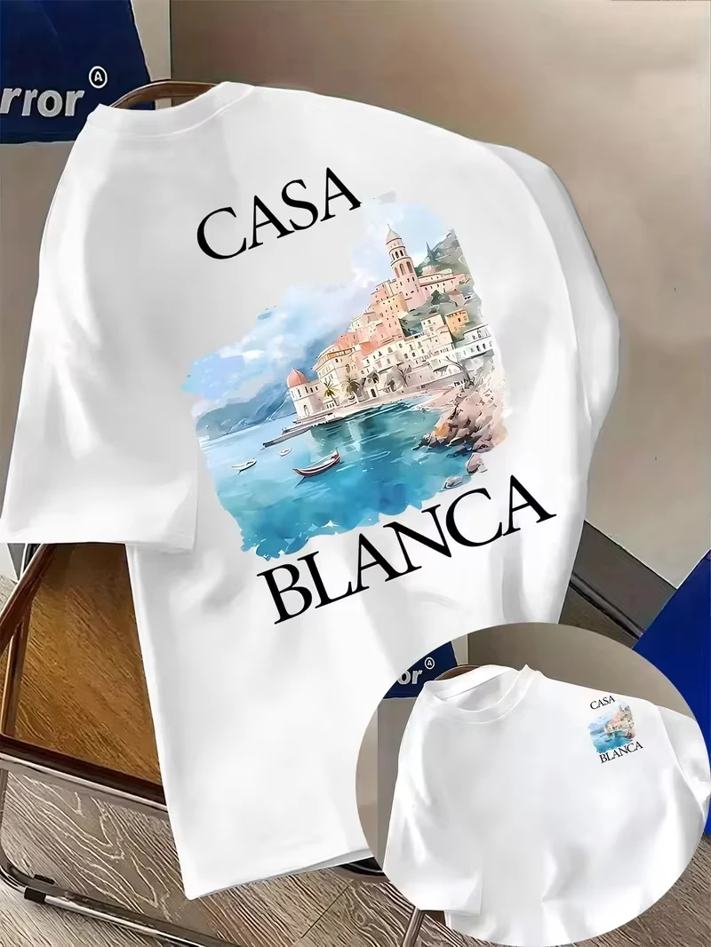 2026 Men Women T-Shirt Coastal Watercolor Print Crew Neck Short Sleeve Casual Streetwear Cotton Tops Summer Vacation Tee