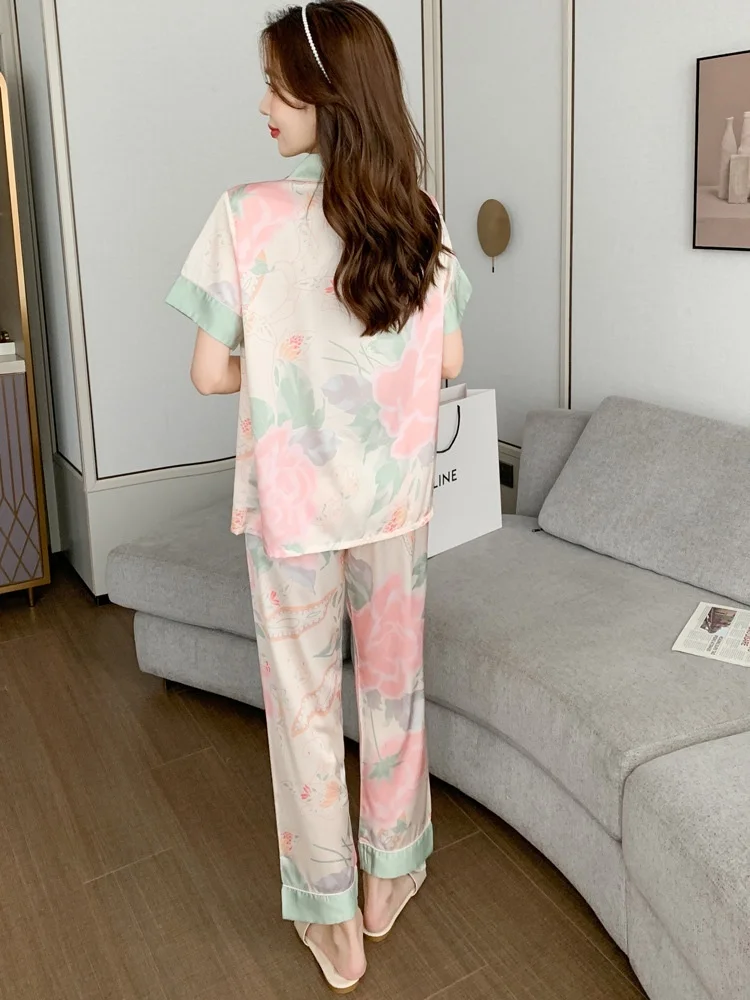 Spring New Ice Silk Pajamas Women\'s Short-sleeved Cardigan Satin Home Suit Sleepwear