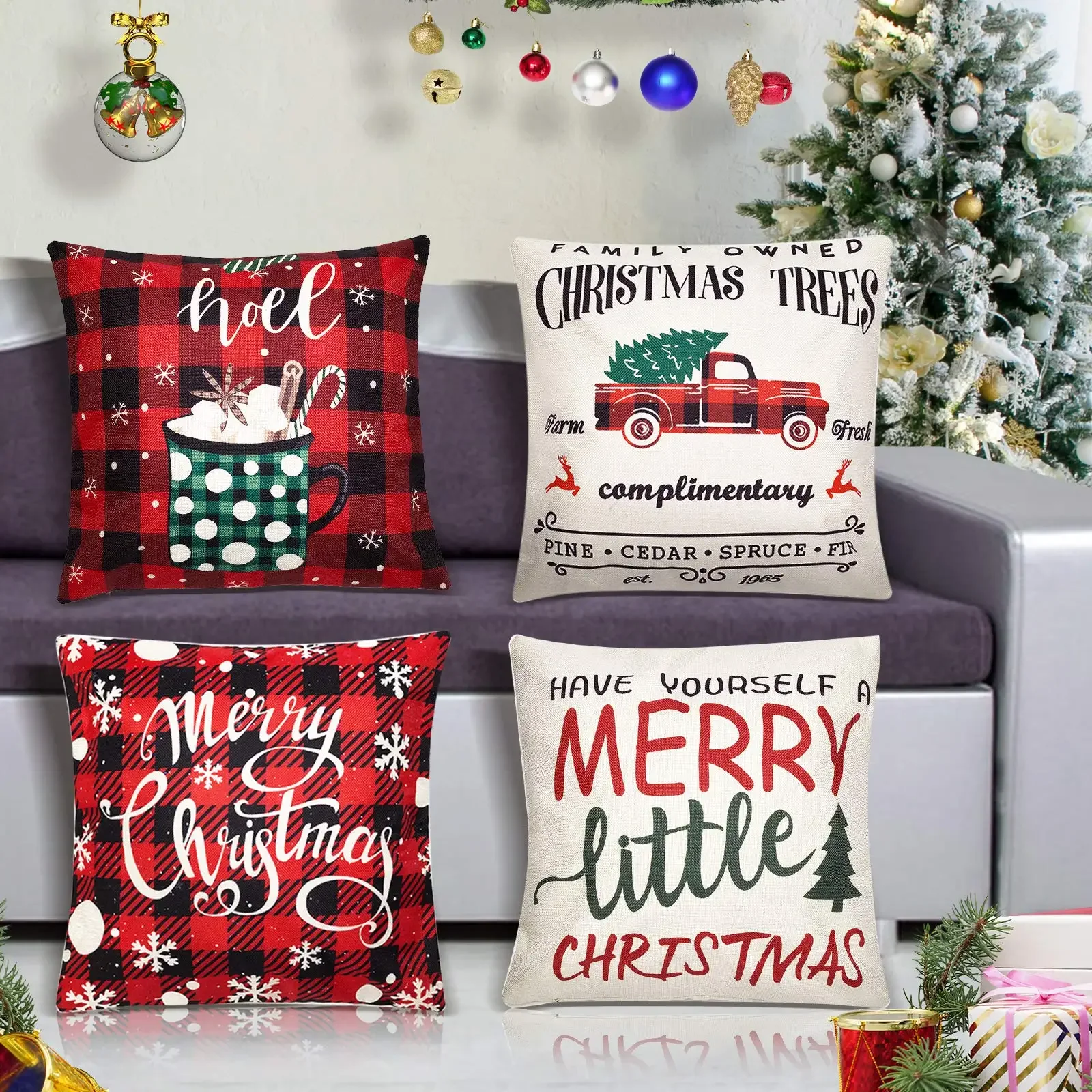 Christmas red truck red and black plaid linen pillowcase sofa cushion cover home improvement can be customized for you 40x40