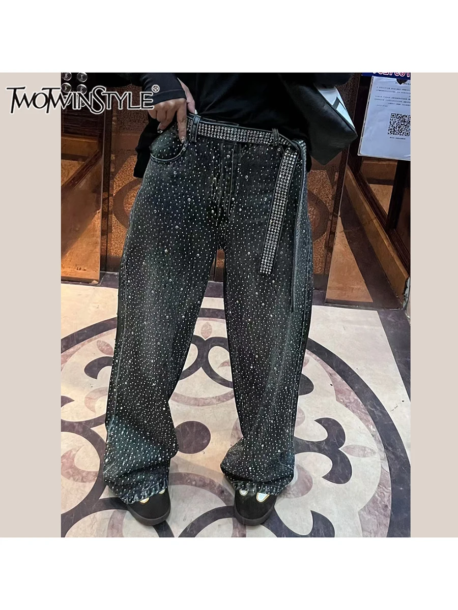 TWOTWINSTYLE Patchwork Diamonds High Street Pants For Women High Waist Wide Leg Spliced Belt Long Trouser Female Fashion Autumn