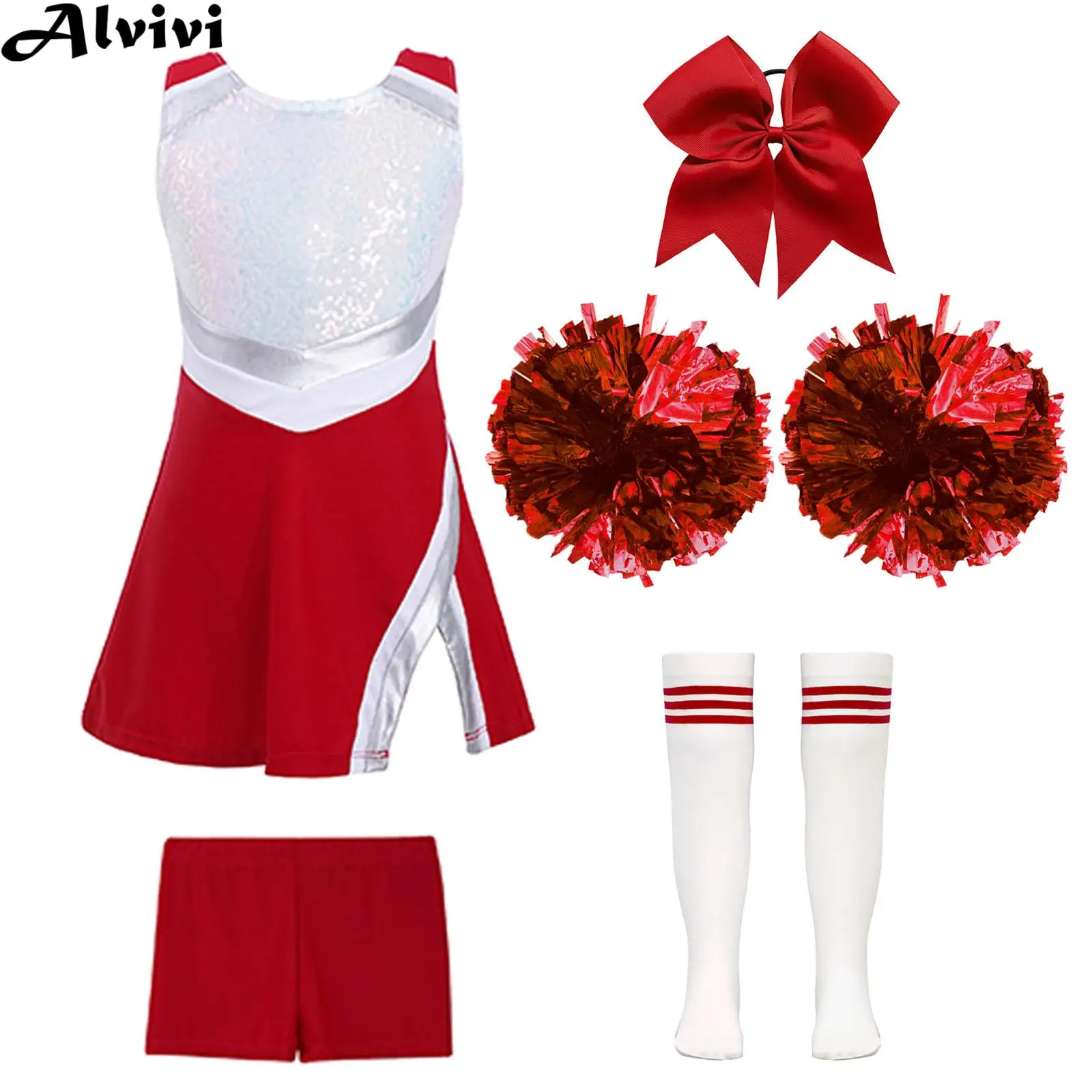 Kids Girls Cheerleading Dance Performance Costume Shiny Sequin Dress with Shorts Headwear Hand Flowers Socks School Party Outfit