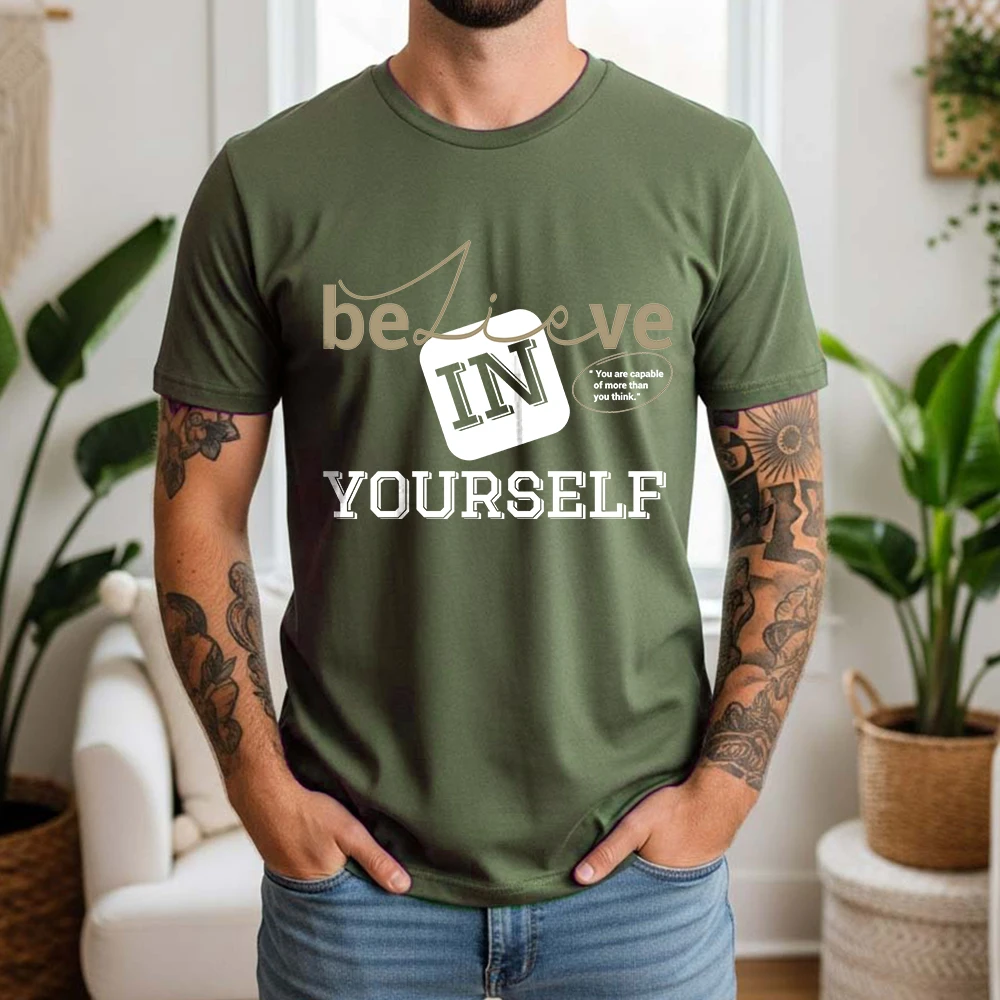 Mens 100% Cotton Short Sleeve T Shirt Believe Yourself Inspirational Quote Graphic Print Breathable Casual Summer Daily Tees