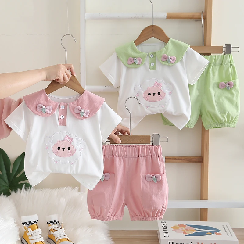 New Summer Baby Girls Clothes Suit Children Short Sleeved T-Shirt Shorts 2Pcs/Sets Kids Clothing Infant Cartoon Casual Costume