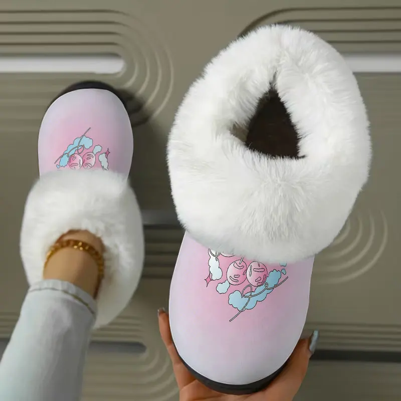 Pink Cloud Angel Print Women's Winter Warm Plush Slippers Fuzzy Fleece House Slippers Indoor Shoes view 3