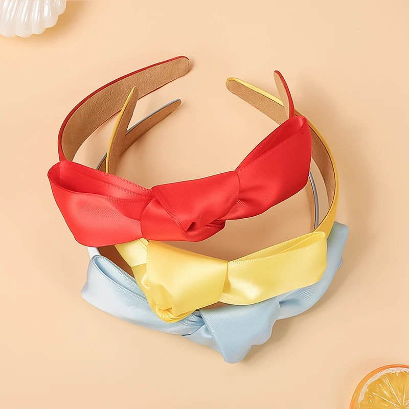 Girls Colorful Handmade Bow Headband New Solid Color Satin Wide-Brimmed Headband Simple and Fashionable Snow White Headdress